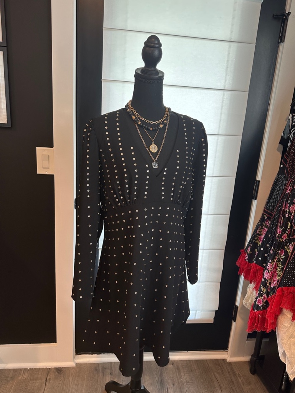 Boston Proper Black Long-Sleeve V-Neck Studded Dress